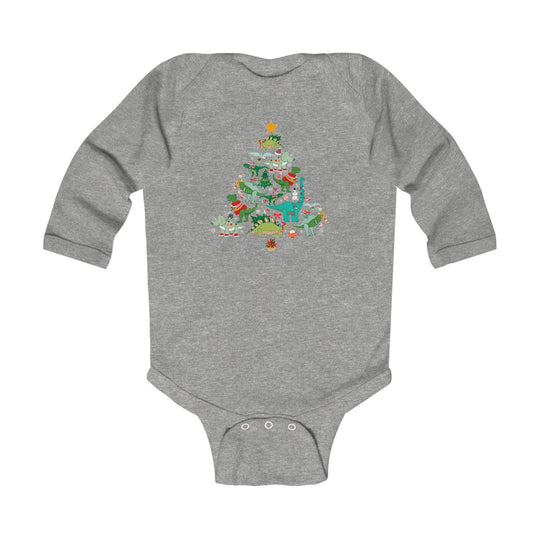 Baby Dino Tree Onesie features a festive dinosaur Christmas tree design on a gray long-sleeve bodysuit, combining comfort and holiday cheer for infants.