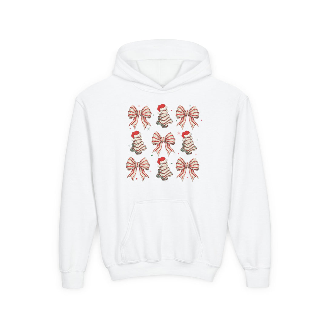 Cookies and Bows Youth Hoodie with holiday-themed 3×3 grid of candy-cane bows and Christmas trees, ultra-soft fleece, kangaroo pocket, and embroidery options.