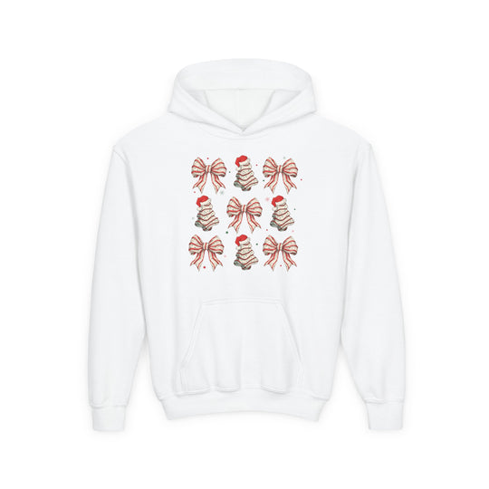 Cookies and Bows Youth Hoodie with holiday-themed 3×3 grid of candy-cane bows and Christmas trees, ultra-soft fleece, kangaroo pocket, and embroidery options.