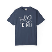 Navy-blue Be Kind Tee featuring Be ♥ Kind in white, with a hand-drawn heart and dotted i, offering luxurious comfort and relaxed fit.