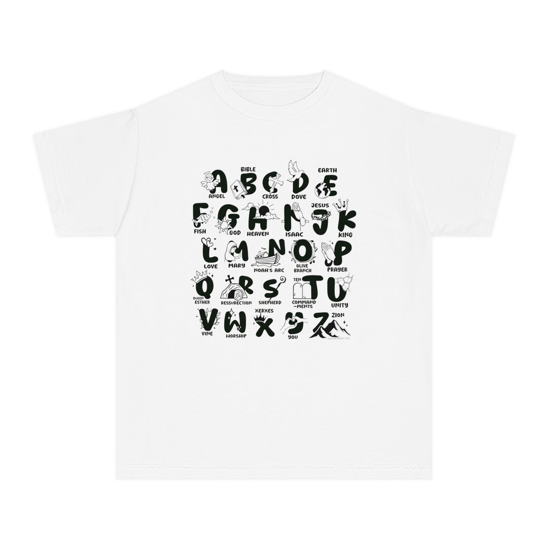 Bible Alphabet Kids Tee: White tee with black letters, perfect for active kids. 100% combed ringspun cotton, soft-washed, garment-dyed, classic fit for all-day comfort. Ideal for study or playtime.