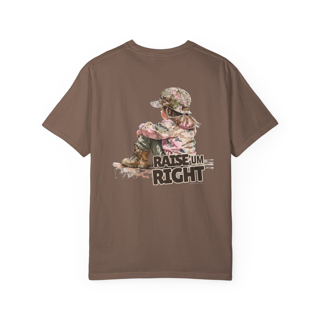 A relaxed fit Raise Um Right Tee, garment-dyed for coziness, crafted from 100% ring-spun cotton. Durable double-needle stitching, tubular shape, no side-seams. Ideal for daily wear.