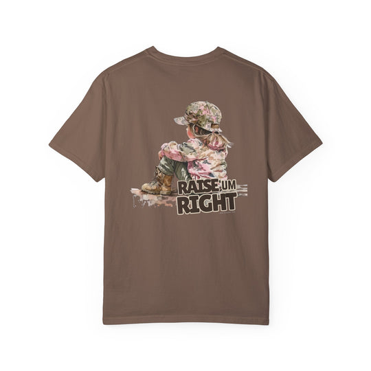 A relaxed fit Raise Um Right Tee, garment-dyed for coziness, crafted from 100% ring-spun cotton. Durable double-needle stitching, tubular shape, no side-seams. Ideal for daily wear.