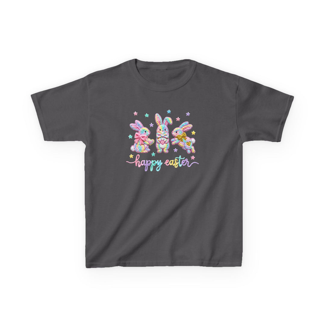 Easter Bunny Kids Tee: Dark-gray T-shirt featuring pastel-rainbow bunnies and happy easter text, ideal for kids' everyday wear with durable, soft cotton fabric.