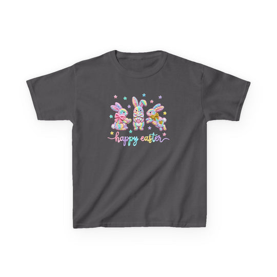 Easter Bunny Kids Tee: Dark-gray T-shirt featuring pastel-rainbow bunnies and happy easter text, ideal for kids' everyday wear with durable, soft cotton fabric.