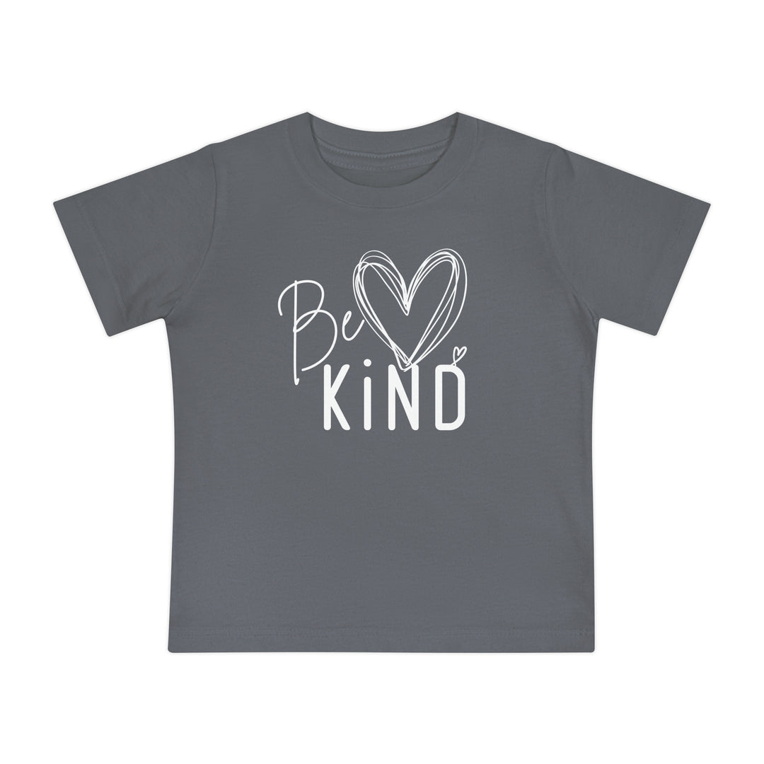 Be Kind Baby Tee featuring a charcoal-gray design with Be Kind and heart graphic, perfect for stylish, comfortable, and durable wear for babies.