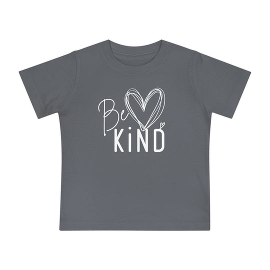Be Kind Baby Tee featuring a charcoal-gray design with Be Kind and heart graphic, perfect for stylish, comfortable, and durable wear for babies.