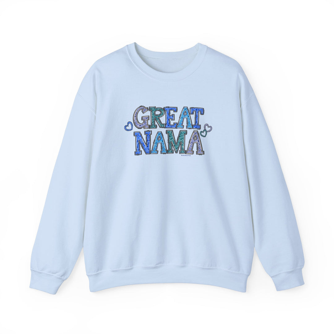 Unisex heavy blend crewneck sweatshirt, Great Nama Crew, 50% cotton, 50% polyester, medium-heavy fabric, loose fit, ribbed knit collar, no itchy side seams, sizes S-5XL.