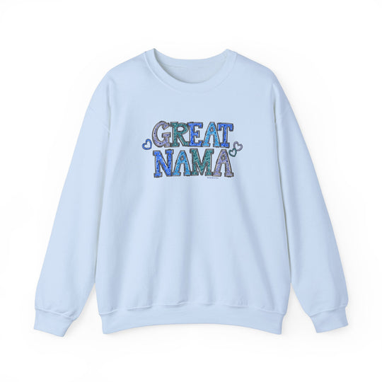 Unisex heavy blend crewneck sweatshirt, Great Nama Crew, 50% cotton, 50% polyester, medium-heavy fabric, loose fit, ribbed knit collar, no itchy side seams, sizes S-5XL.