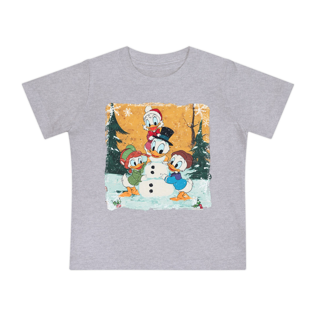 Duck Snowmen Baby Tee: Heather-gray T-shirt with Donald Duck and nephews building a snowman in a snowy forest. Soft, durable, pre-shrunk cotton blend for infants.
