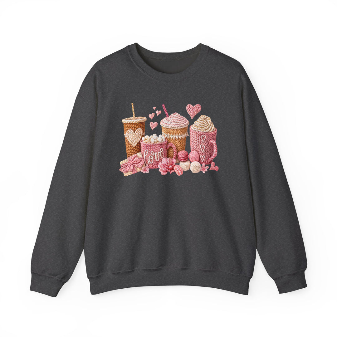 Coffee Love Crew sweatshirt with yarn-textured drink vessel illustration, featuring cups and hearts, blending comfort and style from Faith Family Designs.