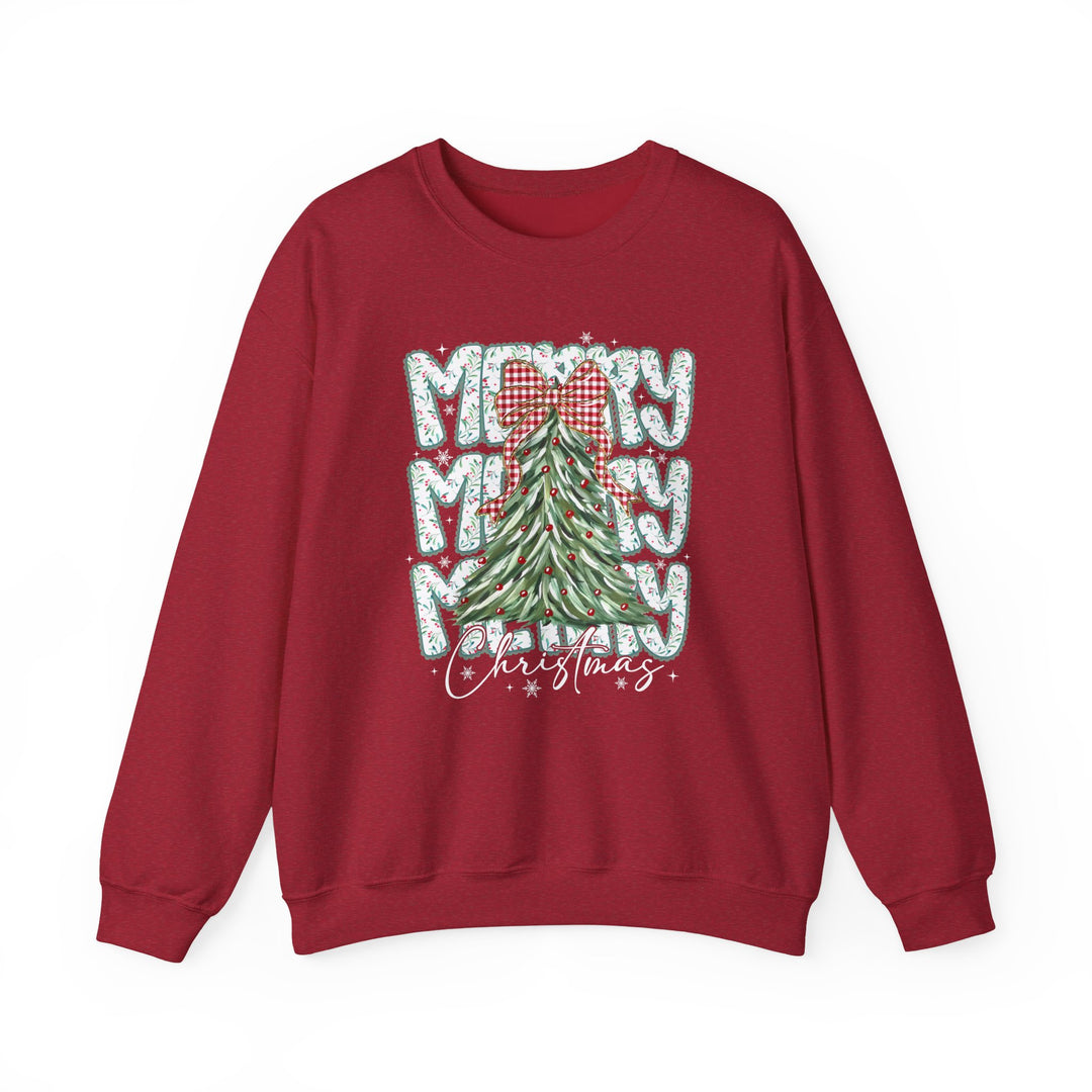 Red crew-neck sweatshirt featuring a stylized Christmas tree with gingham bow and MERRY Christmas text, accented by snowflakes. Cozy, durable, and perfect for holidays.