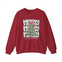 Red crew-neck sweatshirt featuring a stylized Christmas tree with gingham bow and MERRY Christmas text, accented by snowflakes. Cozy, durable, and perfect for holidays.