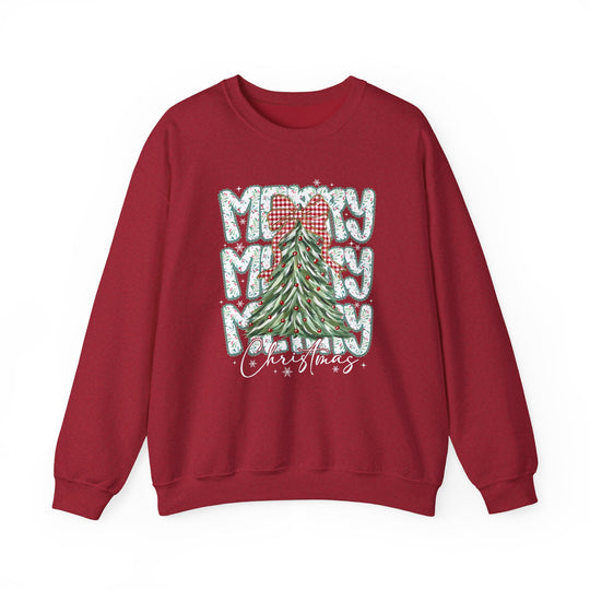 Red crew-neck sweatshirt featuring a stylized Christmas tree with gingham bow and MERRY Christmas text, accented by snowflakes. Cozy, durable, and perfect for holidays.