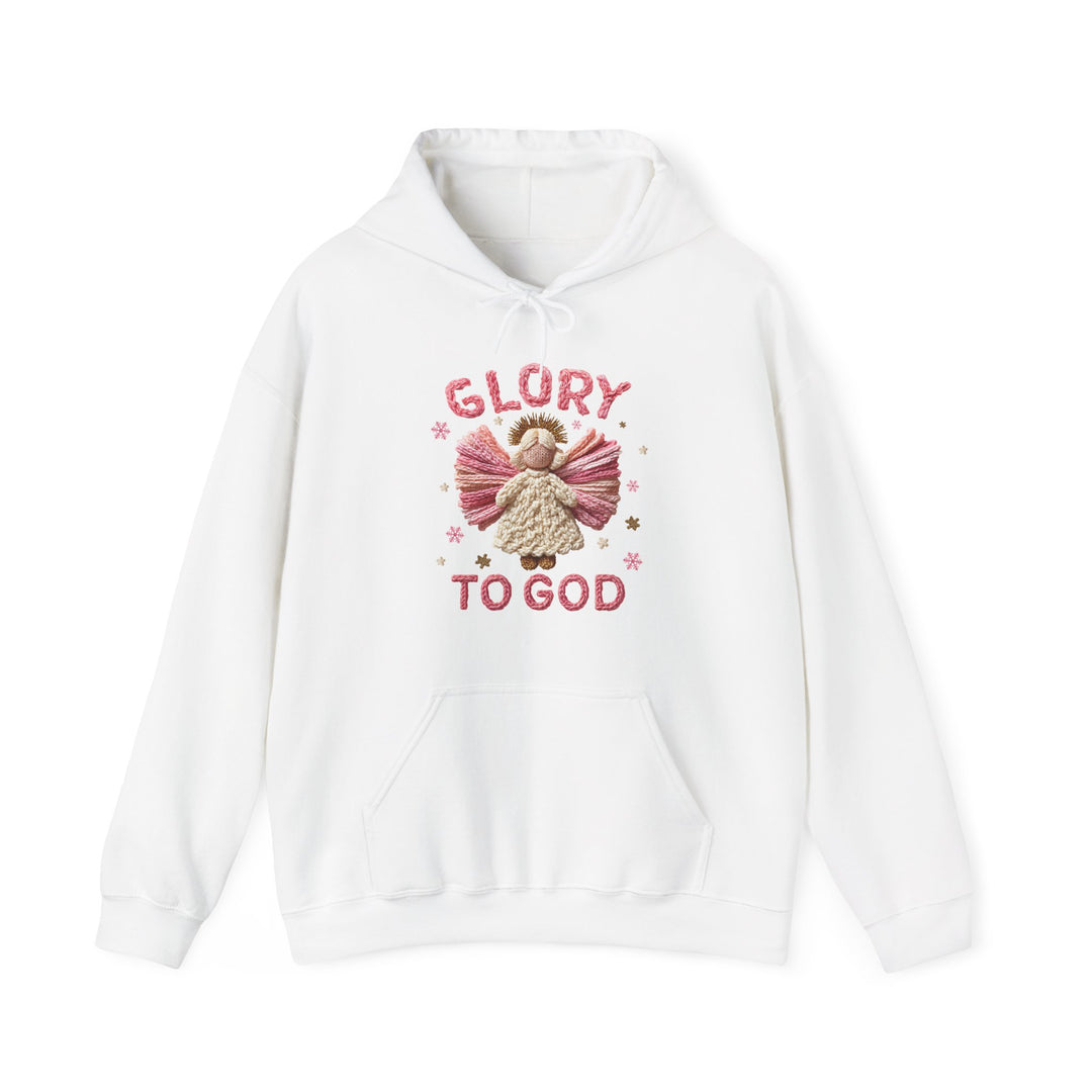 Glory to God Hoodie featuring a chunky knit-style angel graphic and rosy-pink lettering, with star and snowflake motifs. Cozy unisex design with pouch pocket.