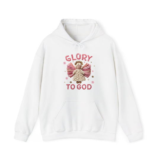 Glory to God Hoodie featuring a chunky knit-style angel graphic and rosy-pink lettering, with star and snowflake motifs. Cozy unisex design with pouch pocket.