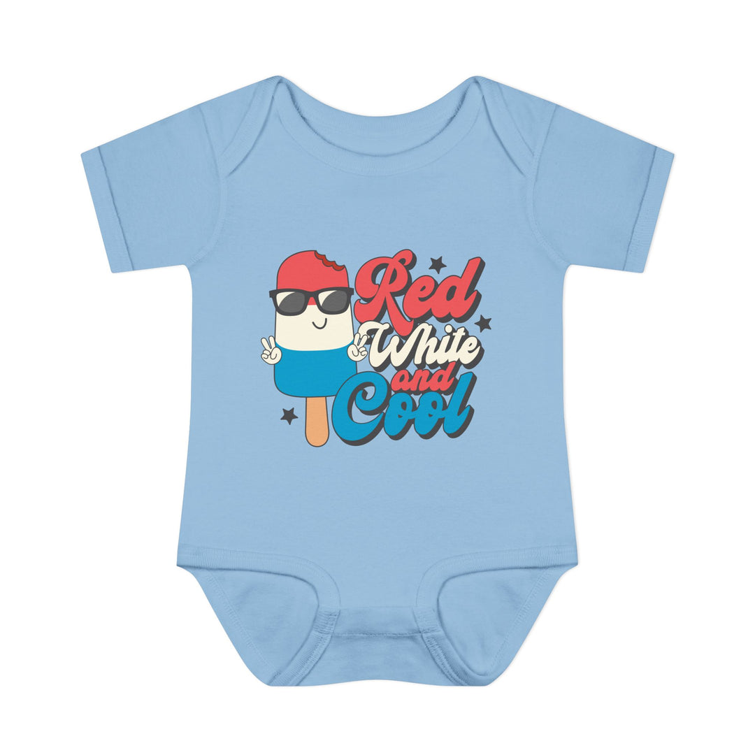 Infant Red White and Cool onesie with lap shoulders, made from soft, 100% ring-spun cotton, designed for comfort and ease of dressing.