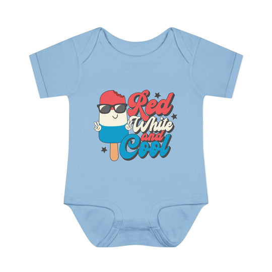 Infant Red White and Cool onesie with lap shoulders, made from soft, 100% ring-spun cotton, designed for comfort and ease of dressing.