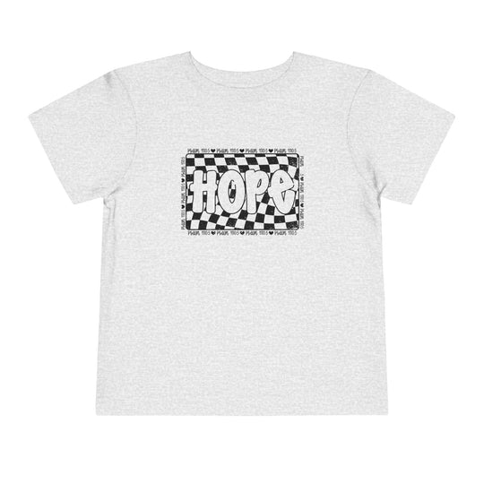 Hope Toddler Tee featuring a black and white design on a white, short sleeve t-shirt made from 100% Airlume cotton, perfect for kids' everyday wear.