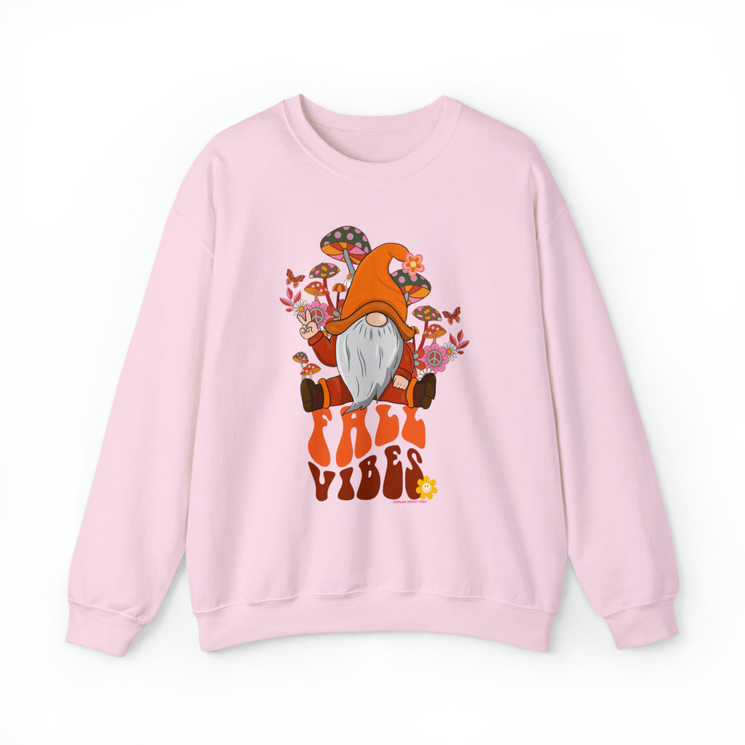 A pink crewneck sweatshirt featuring a gnome and mushrooms, embodying Fall Vibes Crew. Unisex heavy blend, 50% cotton, 50% polyester, loose fit, ribbed knit collar, no itchy side seams. Sizes S-5XL.