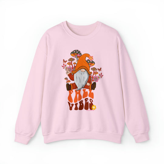 A pink crewneck sweatshirt featuring a gnome and mushrooms, embodying Fall Vibes Crew. Unisex heavy blend, 50% cotton, 50% polyester, loose fit, ribbed knit collar, no itchy side seams. Sizes S-5XL.