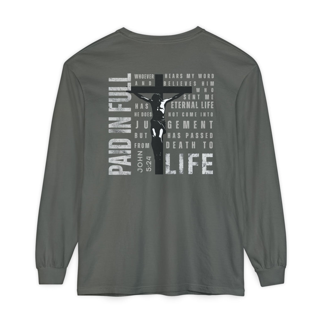 Back view of Paid in Full Long Sleeve Tee featuring Christ on the cross graphic, scripture, and phrases, highlighting its ring-spun cotton comfort and classic fit.