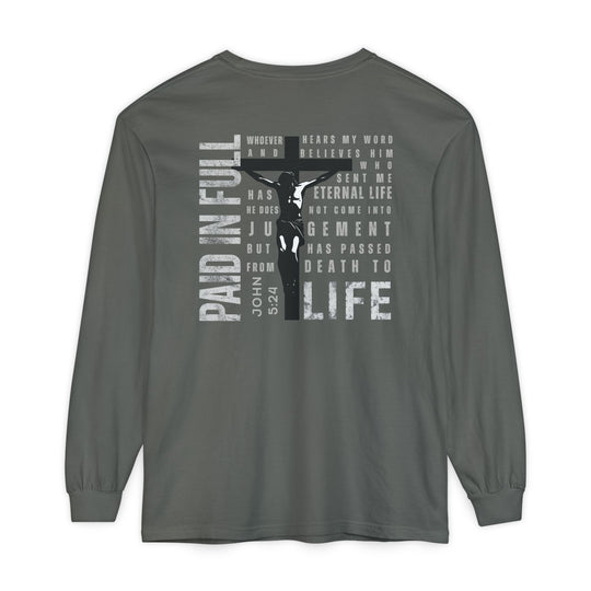 Back view of Paid in Full Long Sleeve Tee featuring Christ on the cross graphic, scripture, and phrases, highlighting its ring-spun cotton comfort and classic fit.