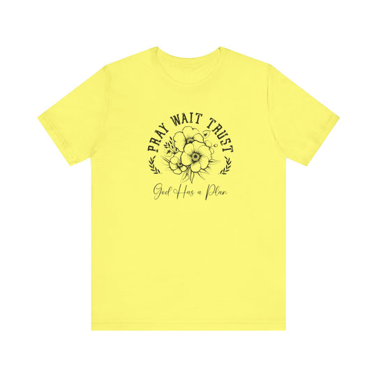 Pray Wait Trust Tee featuring a delicate flower design, offers a comfortable fit with soft cotton and quality print, perfect for casual, everyday wear.