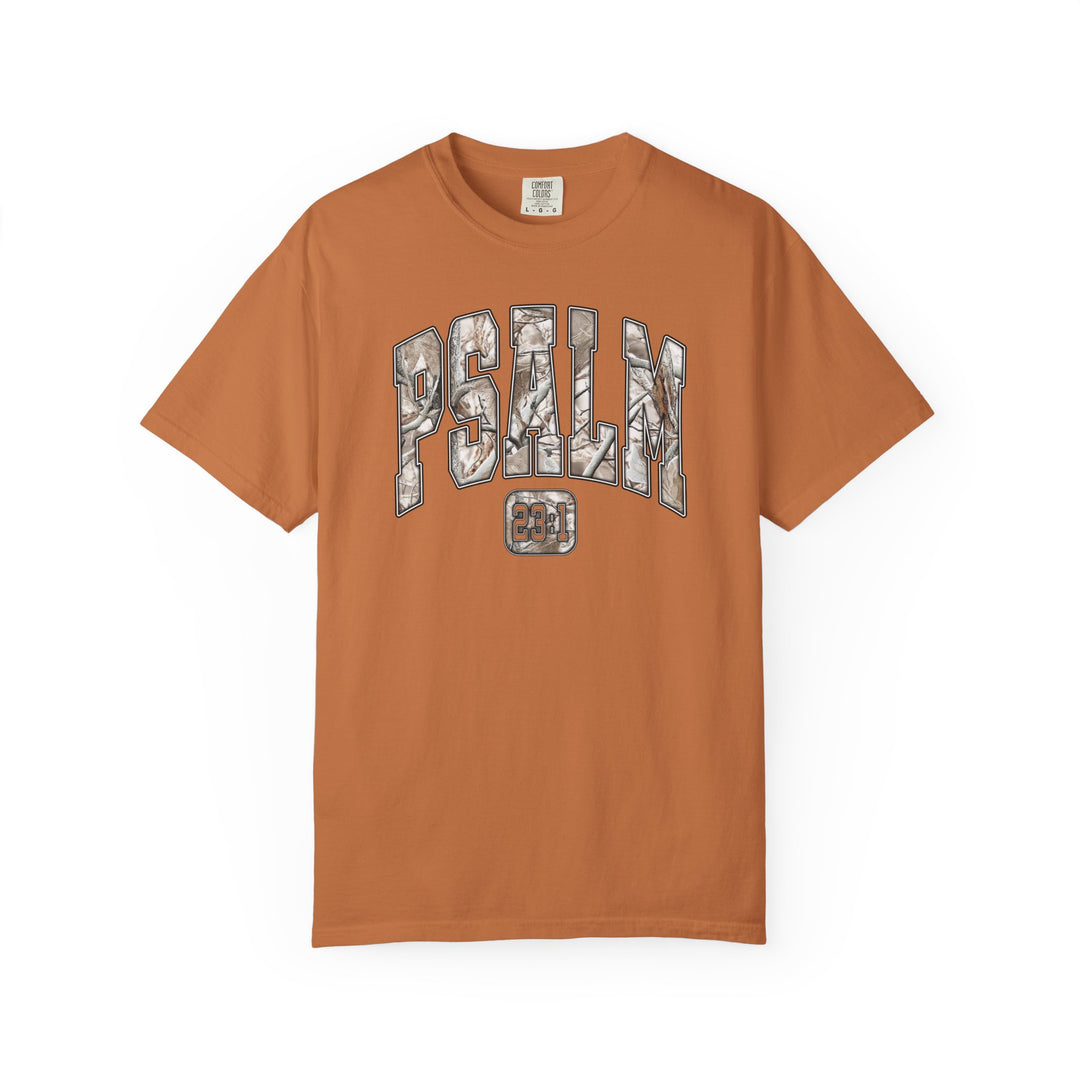 Camo Psalm 23 Tee featuring woodland-camo block letters and reference, laid flat, short-sleeve, burnt-orange; embodies Faith Family Designs' unique, graphic t-shirt style.