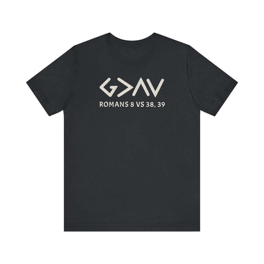 God is Greater Tee: Black t-shirt featuring bold white text, crafted from soft cotton with a classic unisex fit and ribbed knit collars for shape retention.