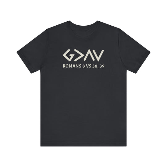 God is Greater Tee: Black t-shirt featuring bold white text, crafted from soft cotton with a classic unisex fit and ribbed knit collars for shape retention.