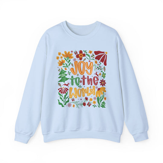 Light-blue crewneck sweatshirt featuring a colorful holiday-themed graphic with Joy to the World in vibrant lettering, ideal for cozy, stylish wear.