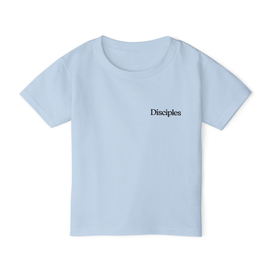 Light-blue toddler tee with Disciples in black serif font on chest, showcasing Faith Family Designs' eco-friendly style and comfort.