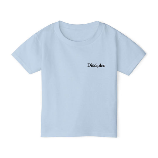 Light-blue toddler tee with Disciples in black serif font on chest, showcasing Faith Family Designs' eco-friendly style and comfort.