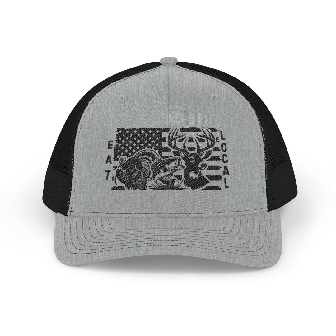 Eat Local Snapback Trucker Cap features a two-tone design with a stylized American flag, wildlife silhouettes, and text, offering durability with breathable mesh and adjustable fit.