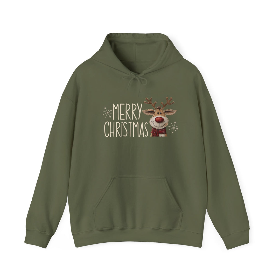 Merry Christmas Reindeer Hoodie with a cartoon reindeer and snowflakes, featuring a kangaroo pocket and drawstring hood, offering cozy comfort and style.