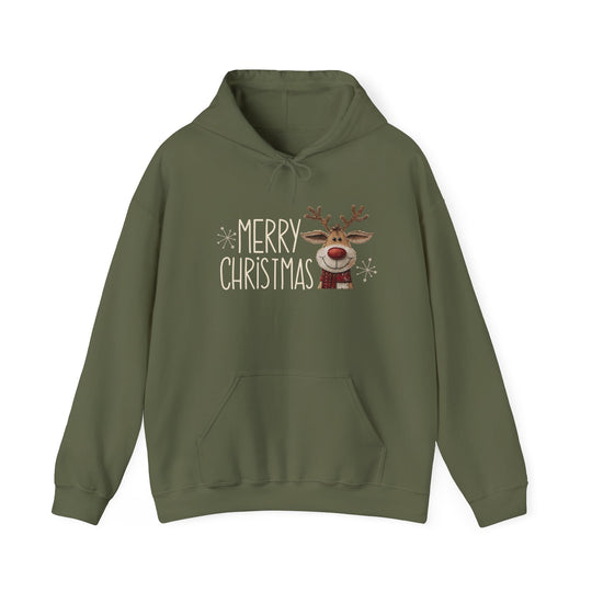Merry Christmas Reindeer Hoodie with a cartoon reindeer and snowflakes, featuring a kangaroo pocket and drawstring hood, offering cozy comfort and style.
