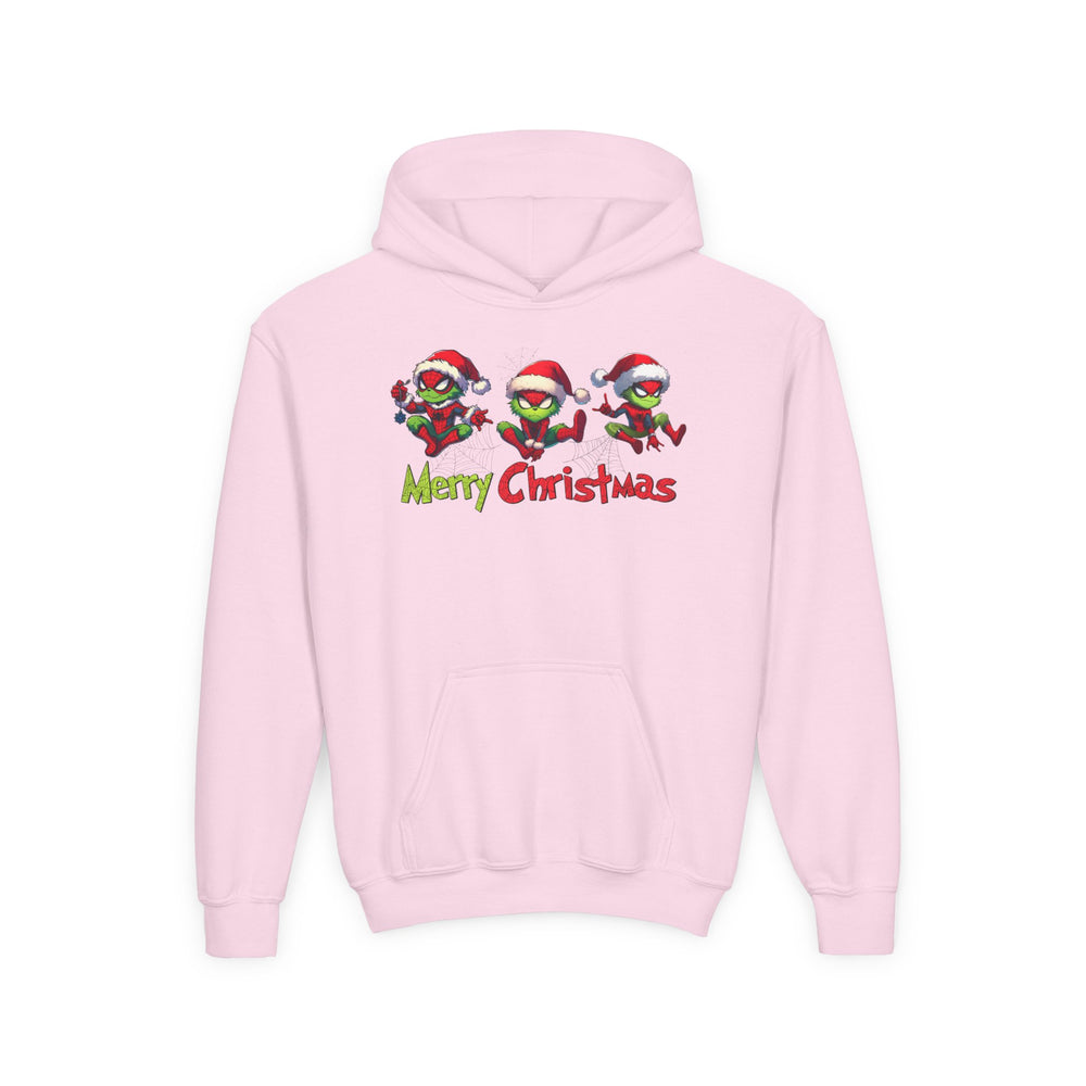 Spider Youth Hoodie featuring three festive Spider-Man-style characters with Santa hats and Merry Christmas text on light-pink pullover. Ultra-soft, preshrunk fleece with kangaroo pocket.