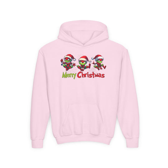 Spider Youth Hoodie featuring three festive Spider-Man-style characters with Santa hats and Merry Christmas text on light-pink pullover. Ultra-soft, preshrunk fleece with kangaroo pocket.