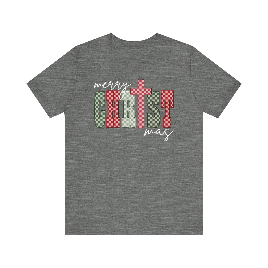 Heather-gray Christmas Tee with festive Merry Christmas graphic, featuring red and green checkerboard pattern and cross detail, ideal for a classic, soft, unisex fit.