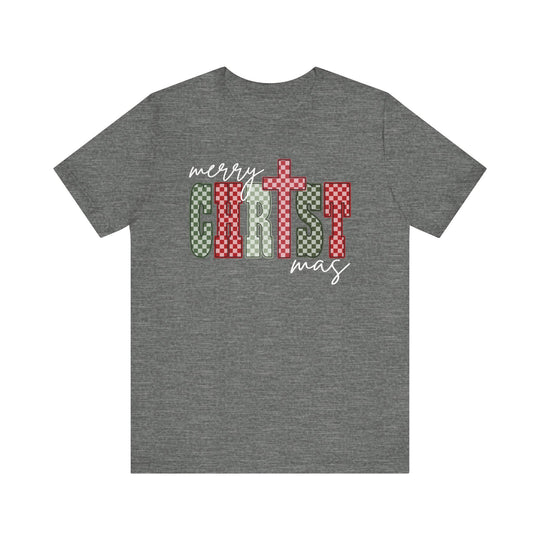 Heather-gray Christmas Tee with festive Merry Christmas graphic, featuring red and green checkerboard pattern and cross detail, ideal for a classic, soft, unisex fit.
