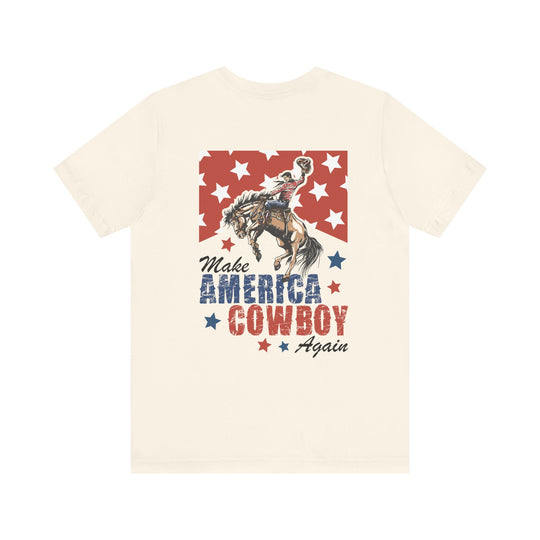 Back of the Make America Cowboy Again Tee, showing a cowboy on a bucking bronco with a patriotic motif and slogan, embodying a unique western style.
