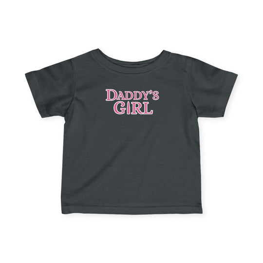 Daddy's Girl Baby Tee: A close-up of a durable, black toddler t-shirt featuring short sleeves, made from soft, ring-spun cotton for comfort and a classic fit.