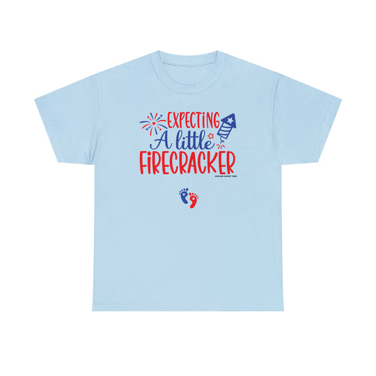 Unisex heavy cotton tee, Expecting a Little Firecracker design. No side seams, durable tape on shoulders, ribbed knit collar. Medium weight, classic fit, 100% cotton. True to size.