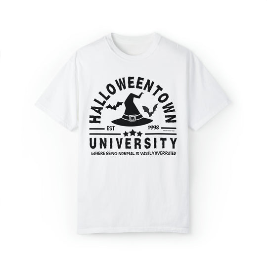 Unisex Halloweentown University Tee: White shirt with black text and bats, made of 80% ring-spun cotton and 20% polyester. Features relaxed fit, rolled-forward shoulder, and back neck patch.