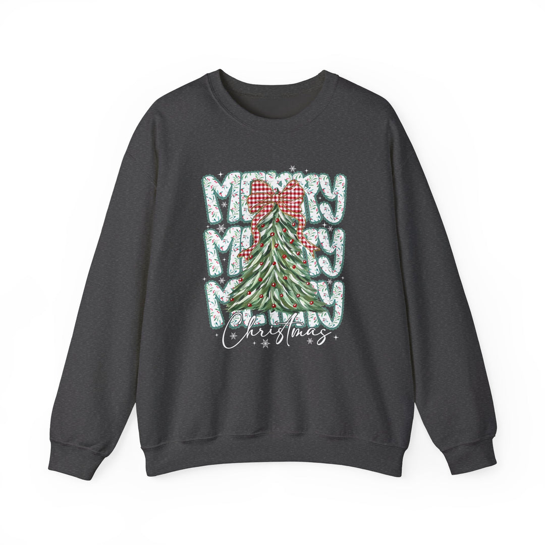 Dark-charcoal pullover sweatshirt with Merry Merry Merry Christmas graphic featuring a decorated evergreen tree and gingham bow, embodying festive spirit and cozy comfort.