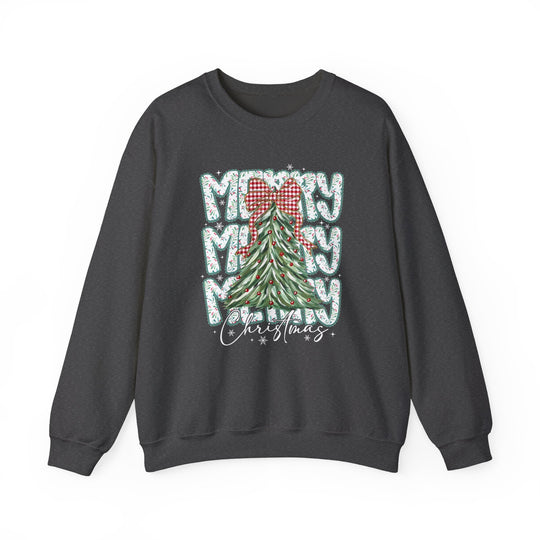 Dark-charcoal pullover sweatshirt with Merry Merry Merry Christmas graphic featuring a decorated evergreen tree and gingham bow, embodying festive spirit and cozy comfort.