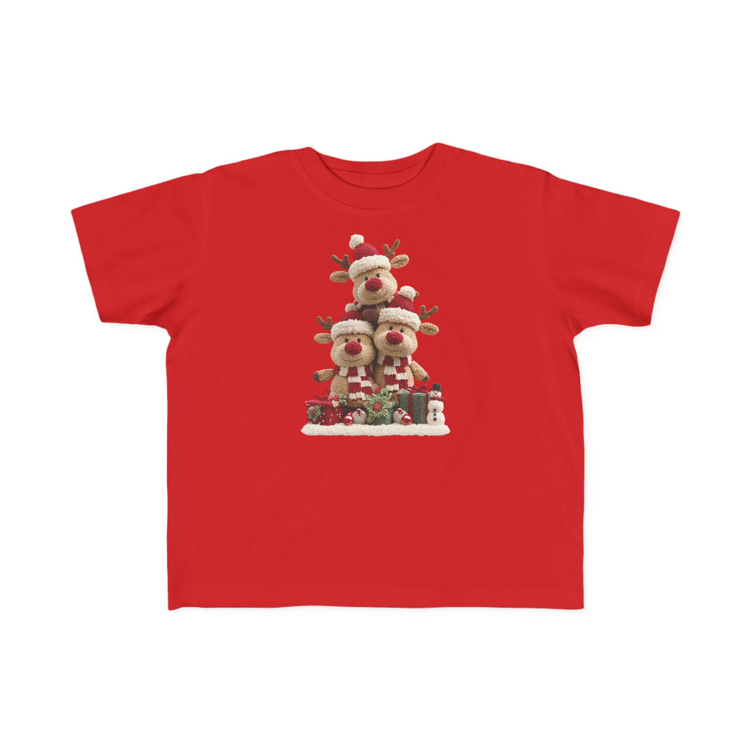 Reindeer Tree Toddler Tee features three festive reindeer in Santa hats, surrounded by gifts and a snowman, perfect for toddlers' sensitive skin.