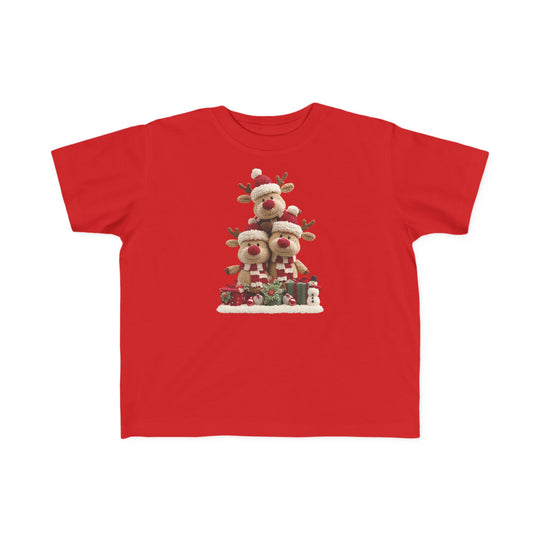Reindeer Tree Toddler Tee features three festive reindeer in Santa hats, surrounded by gifts and a snowman, perfect for toddlers' sensitive skin.