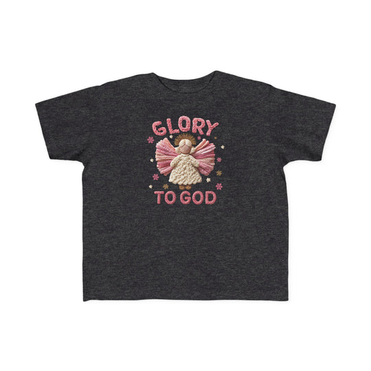 Charcoal-gray toddler tee featuring a yarn-style angel graphic with GLORY TO GOD, designed for comfort and durability, ideal for sensitive skin.